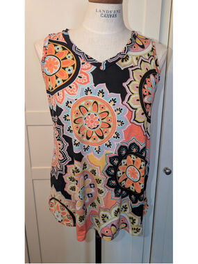 Women's Sew In Love Tank Top Size S Black Orange Floral Pattern